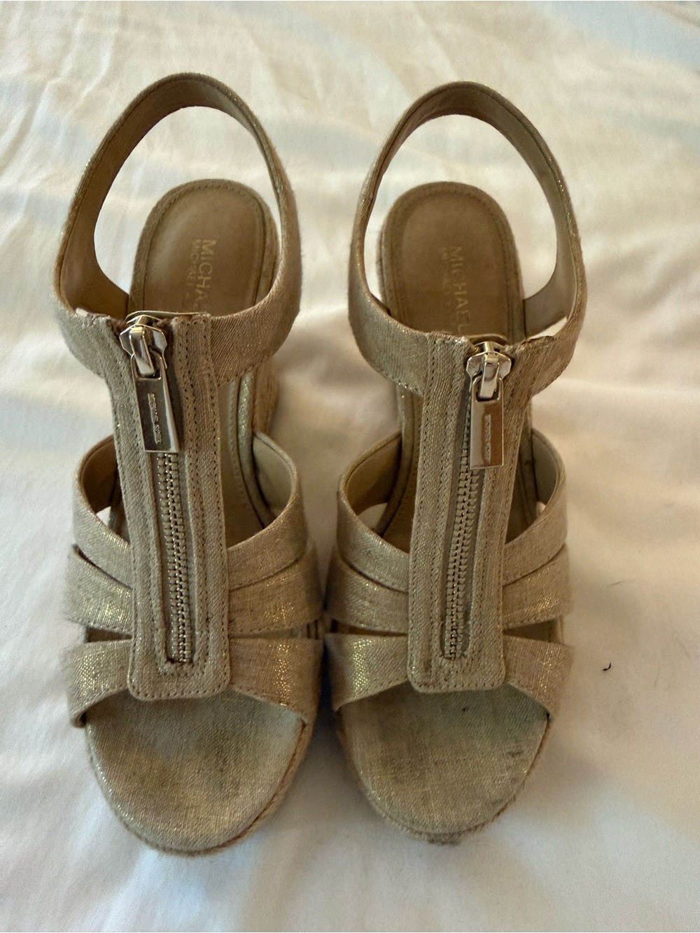 Michael Kors Champagne T-Strap Wedge Sandals with Front Zip